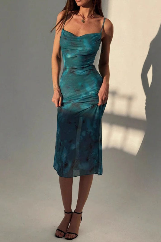 Cowl Neck Spaghetti Strap Abstract Mesh Print Bodycon Midi Dress