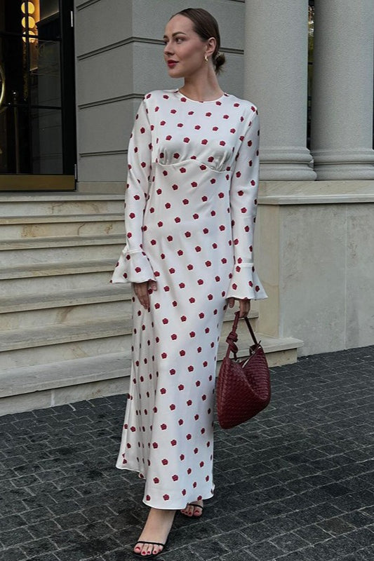 Rosebud Floral Print Round Neck Trumpet Sleeve Empire Waist Maxi Dress