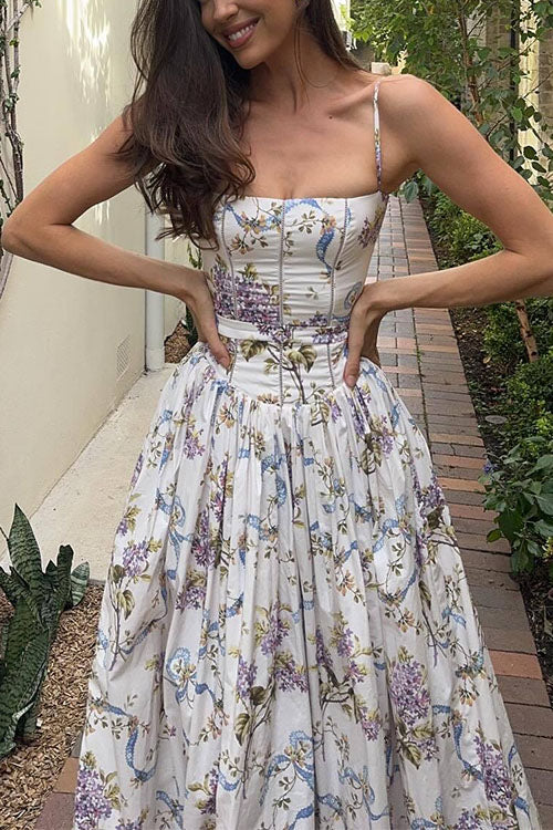 Spaghetti Strap Floral Print Bustier A-line Maxi Dress