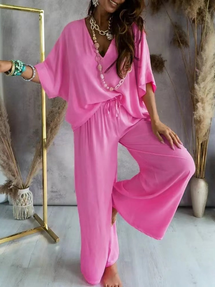 V-neck Batwing Sleeve Casual Loose Wide-leg Pants Two-piece Set