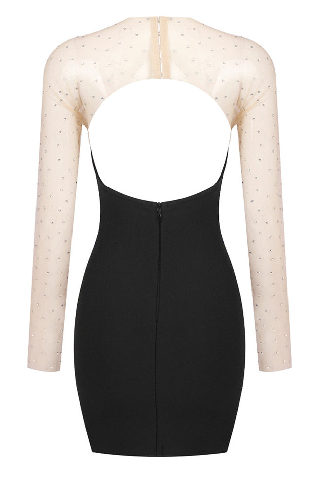 Rhinestone Mesh Illusion Sweetheart Neck Long Sleeve Bodycon Mini Dress
