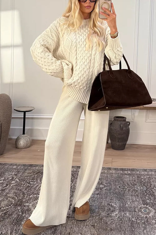 Margovil Drawstring Waist Ribbed Knit Wide Leg Pants