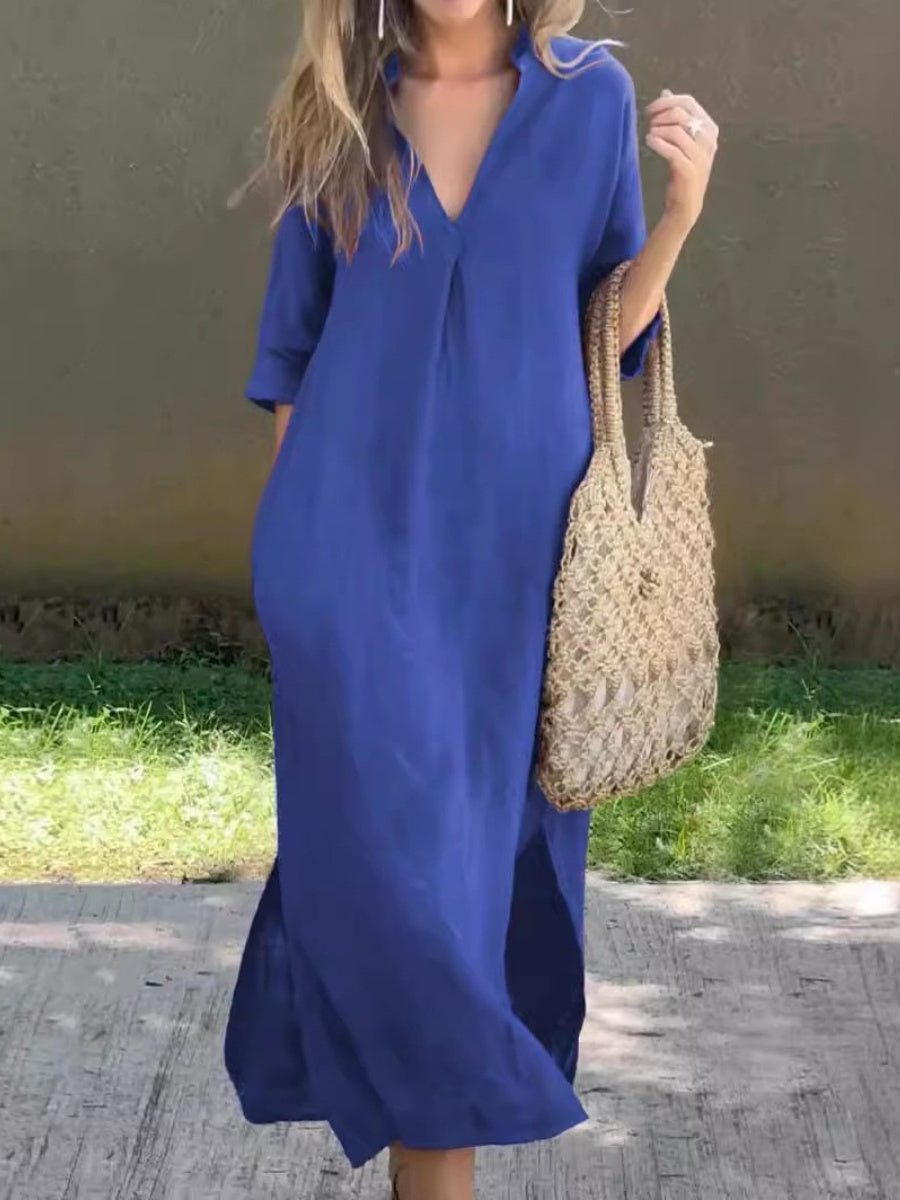 V-neck, Three-quarter Sleeve, Long Dress With Side Slit Pockets And Pleated Chest
