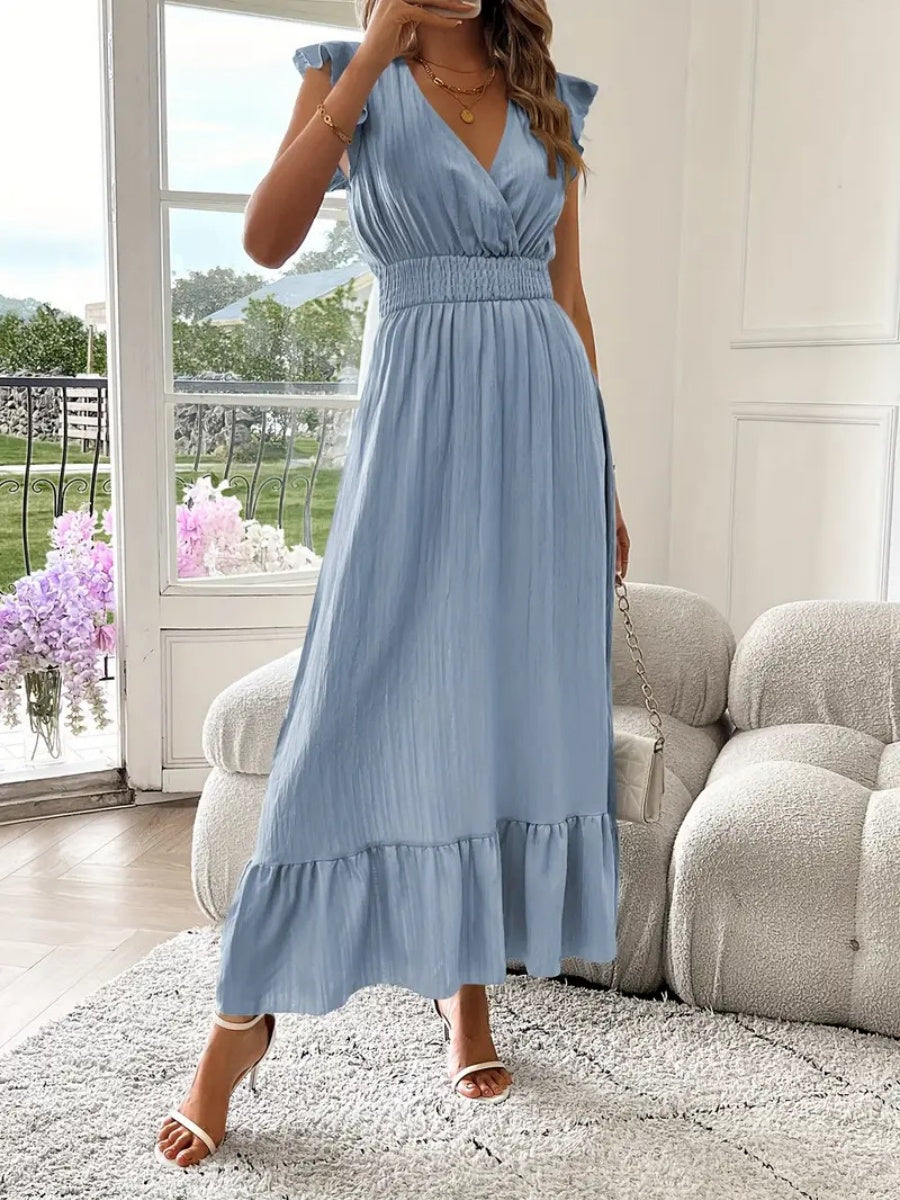 Solid Color Patchwork V-neck Long Dress