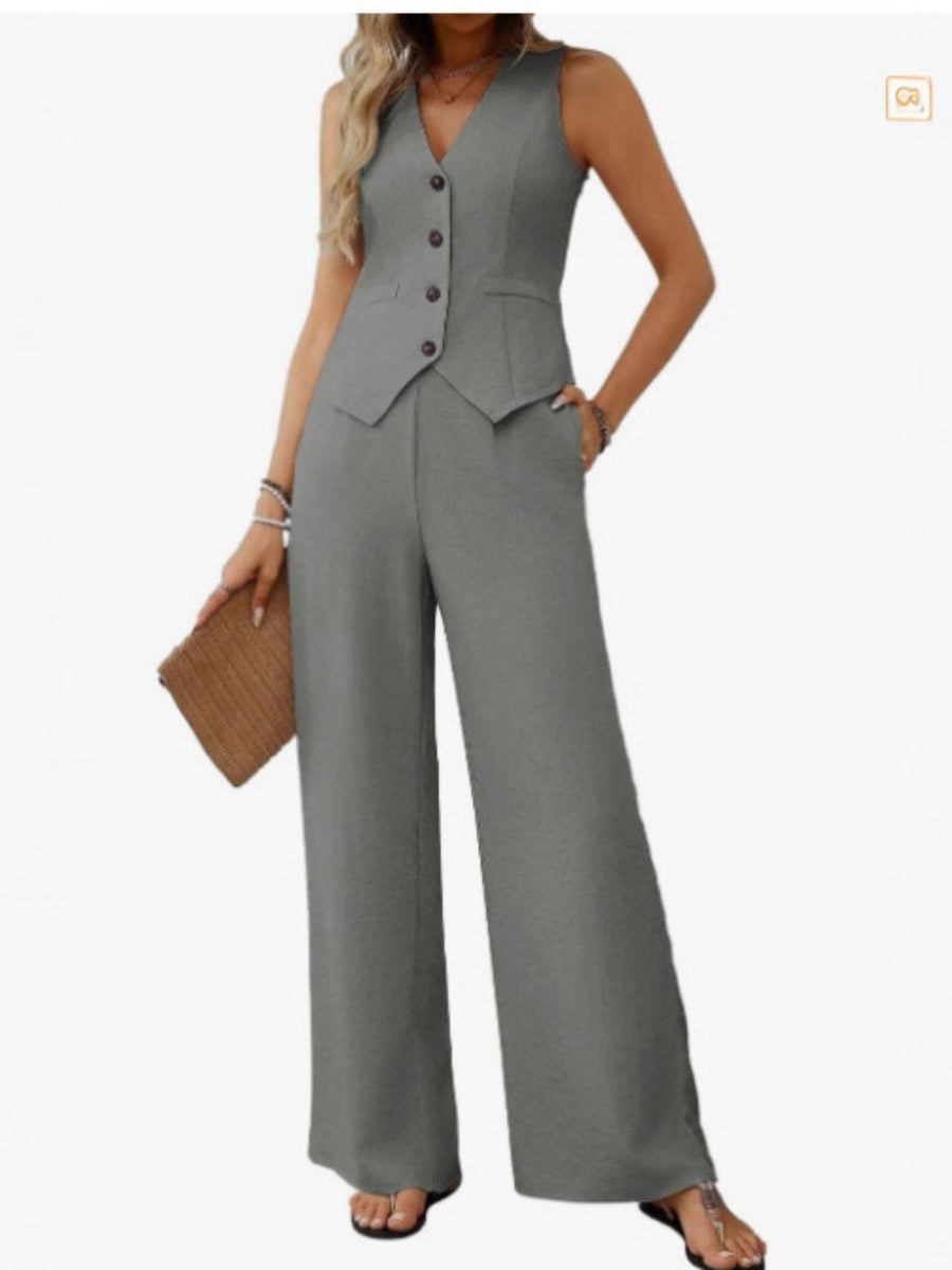 Two-piece Set Of Button-down Cropped Vest And Wide-leg Pants