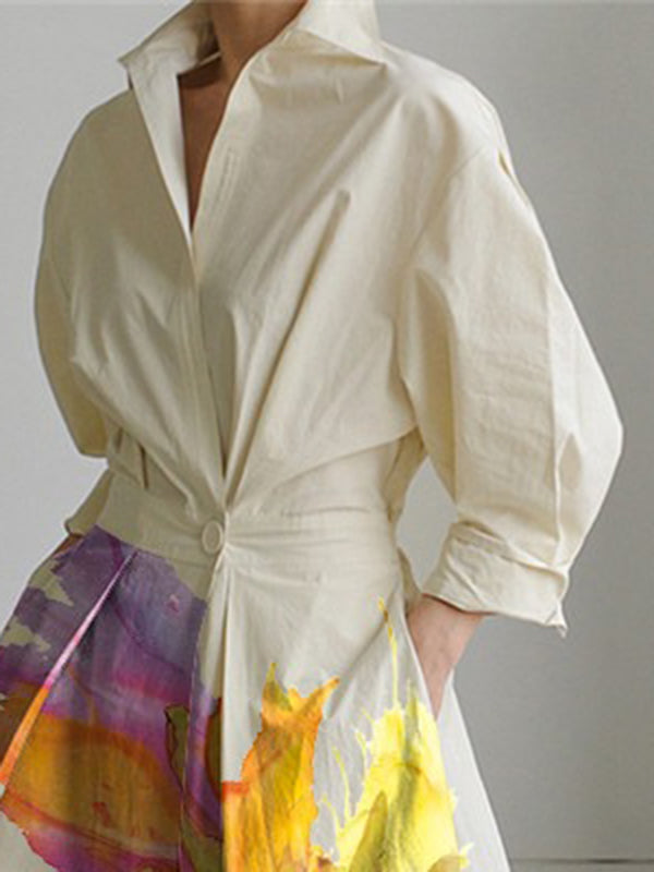 Long Sleeves Loose Pleated Split-Joint Tied Waist Lapel Midi Dresses Shirt Dress