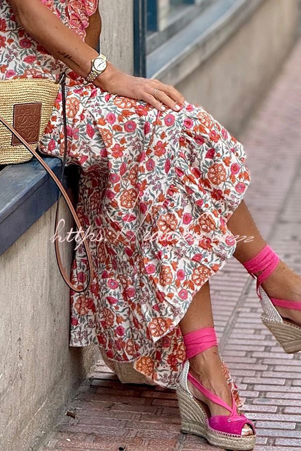 Garden Goddess Floral Print Ruffle Design Maxi Dress