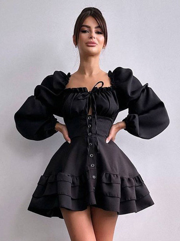 Mini Dresses Black Long Sleeves Pleated Polyester Layered Short Dress For Women