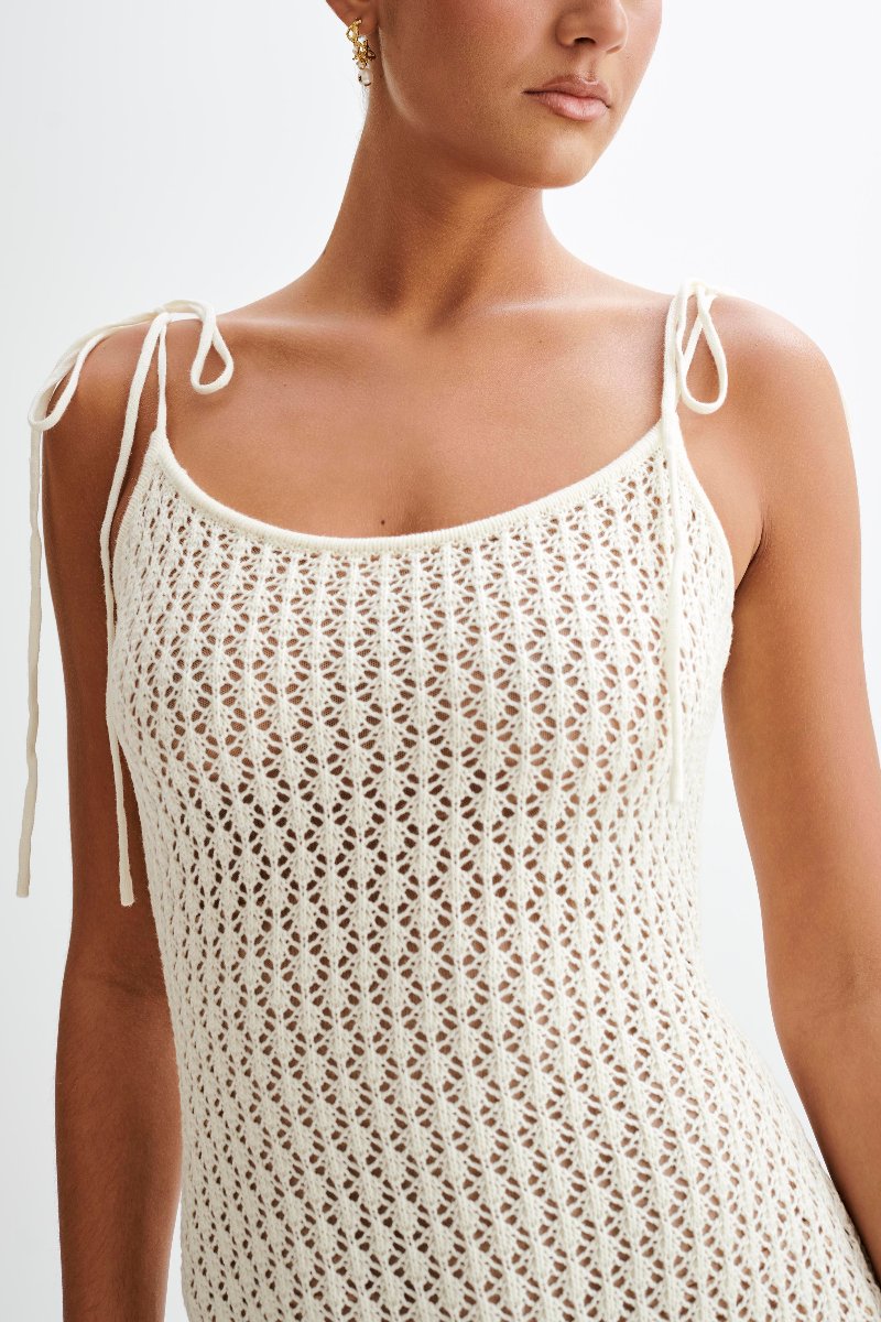 Crochet Knit Tie Shoulder Scoop Neck Tiered Ruffle Hem Midi Dress