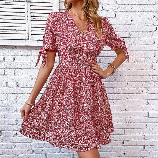 V-Neck Floral Print Split Mini Dress in Red for Women