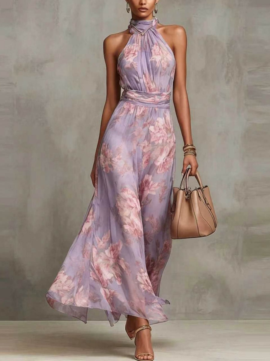Halter Printed Elegant Temperament Stand Collar Vacation Maxi Dresses