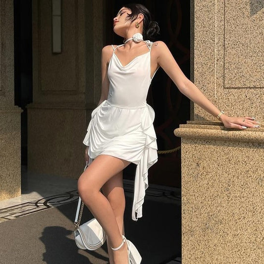 TARUXY Sexy Backless Dress For Women Ruffle Folds Solid Slim Mini Dresses Ladies Holiday Bandage Sexy V Neck Lace Up Dress Woman