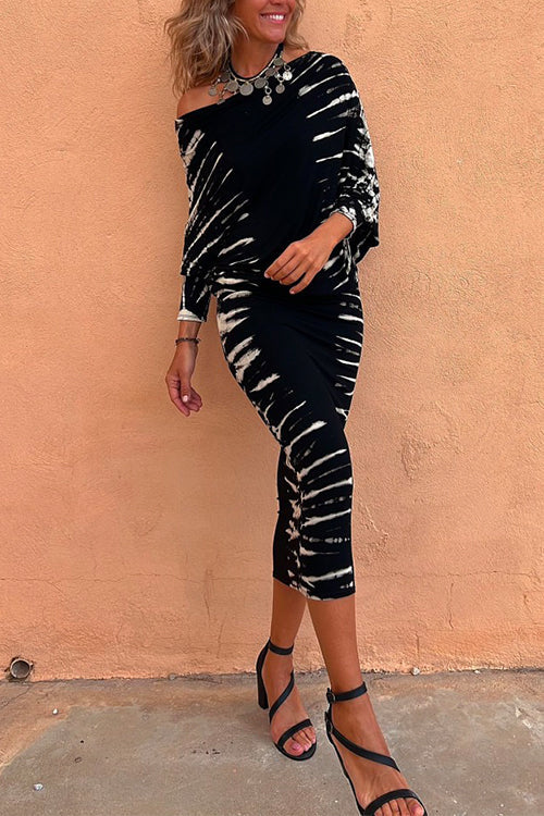 Margovil Cold Shoulder Batwing Sleeve Waisted Tie Dye Dress