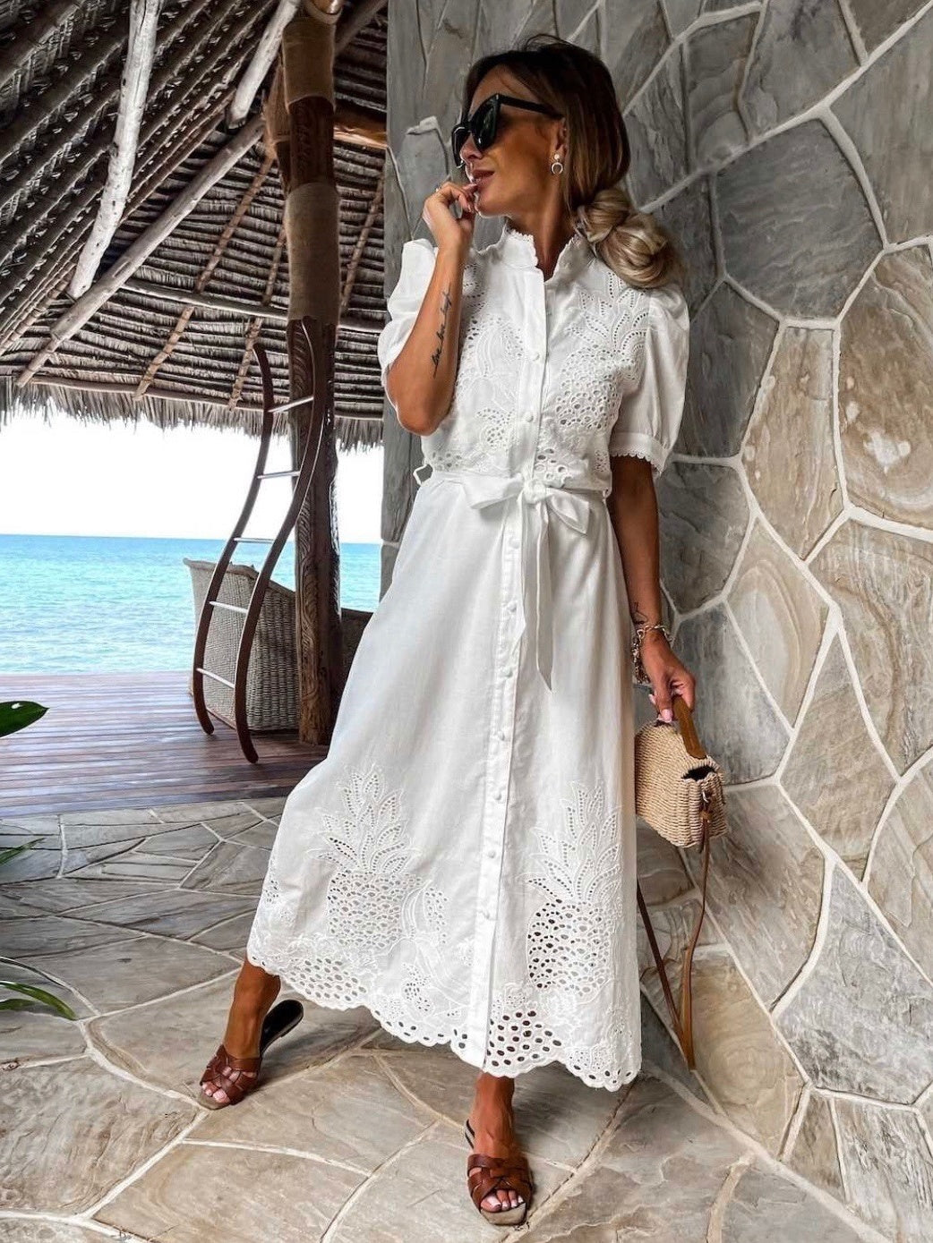 Hollow-out Short-sleeved Belted Long Dress