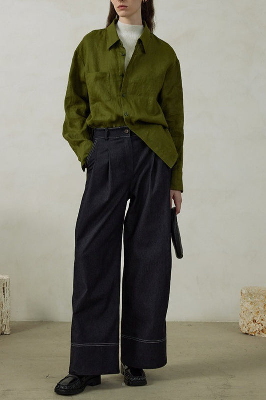 Linen Green Oversized Versatile Long Sleeve Blouse