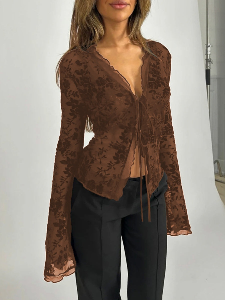 Deep V-neck Chiffon Burning Flowers Long Sleeve Designer Shirt