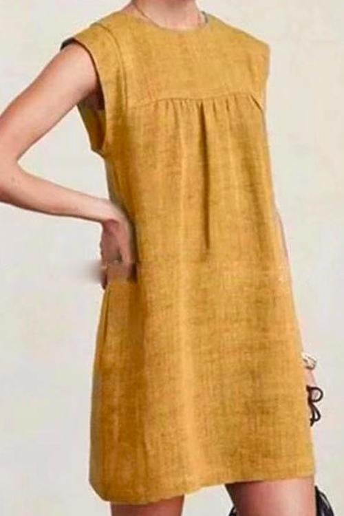 Margovil Ruched Short Sleeve Cotton Linen Babydoll Dress