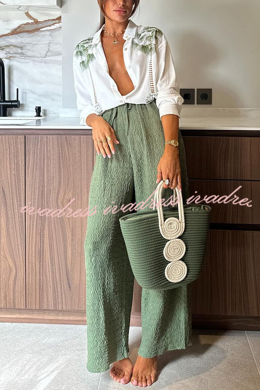 Tropical Calling Linen Blend Unique Print Loose Blouse and Elastic Waist Pocket Pants Set