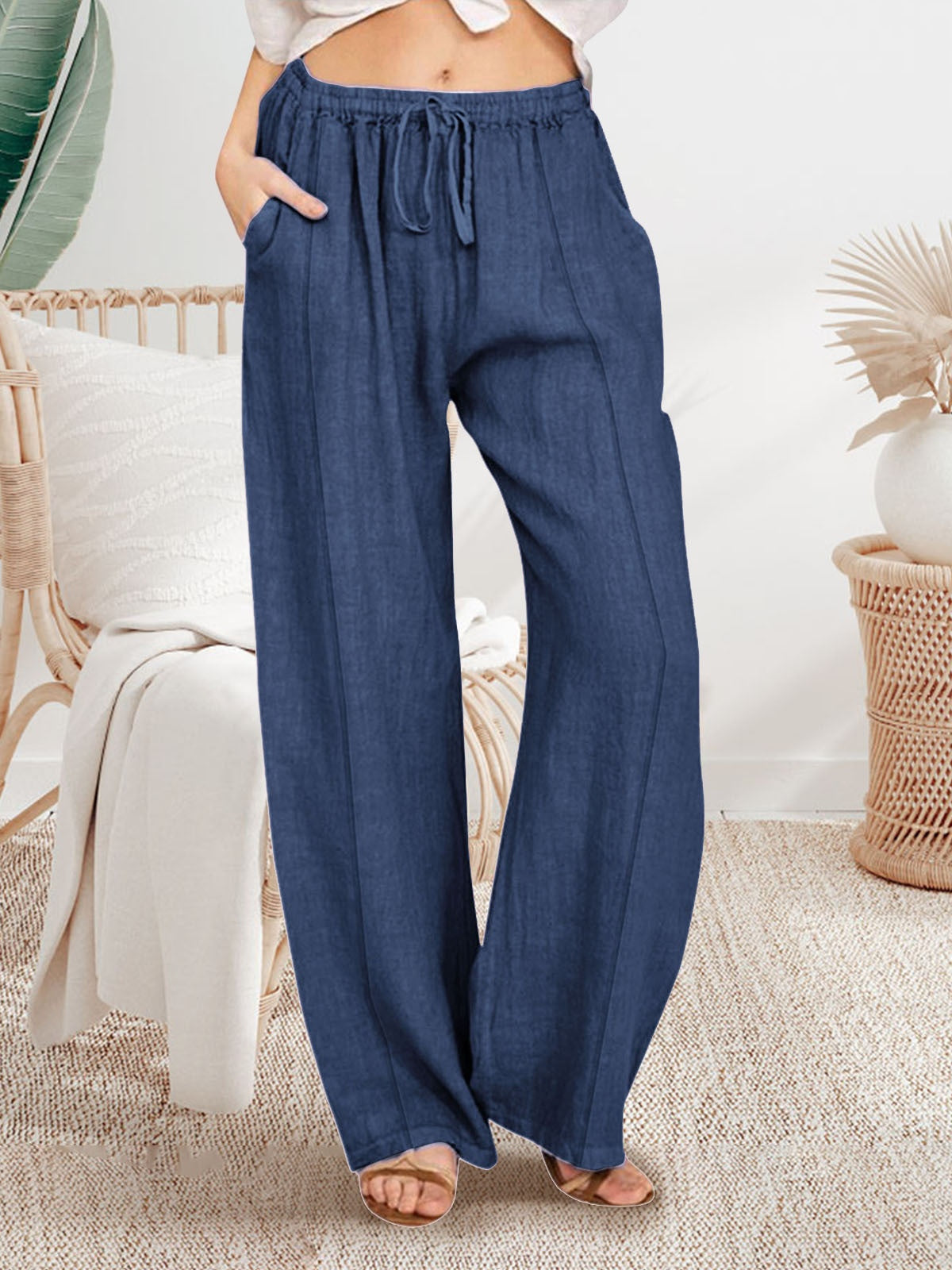 Solid Color Loose-fitting Drawstring Trousers