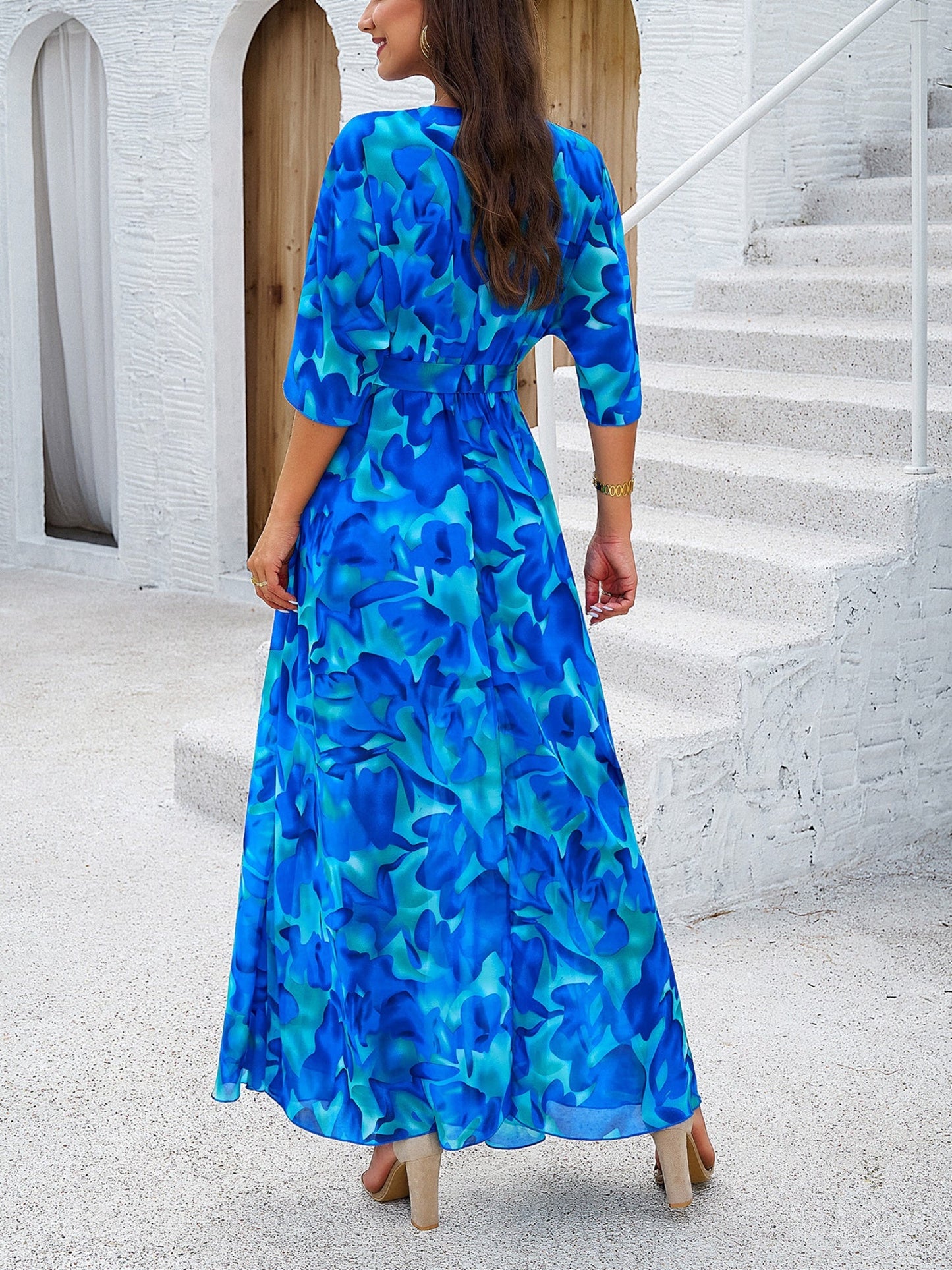 Printed Straps V-neck Short Sleeve Slit Maxi Dresses