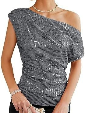 Off-shoulder Sequin Solid Color T-shirts