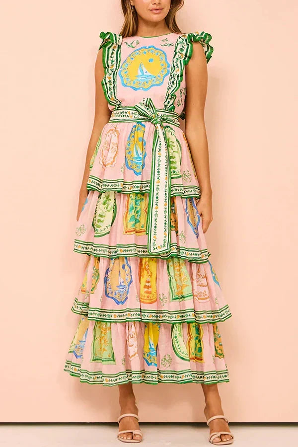 Scenic Medallion Print Tiered Ruffle Shoulder Belted Midi Dress