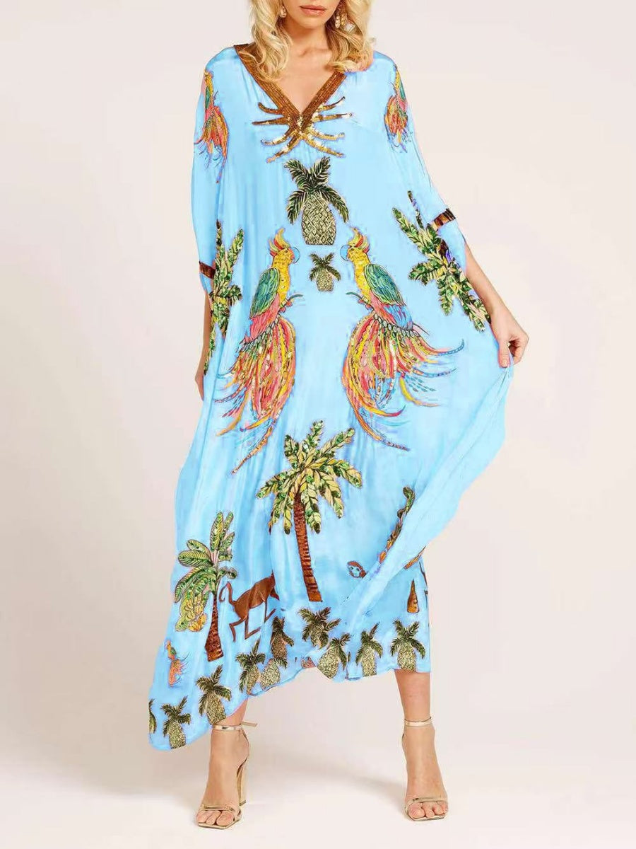 V-neck Floral Print Loose-fitting Long Dress