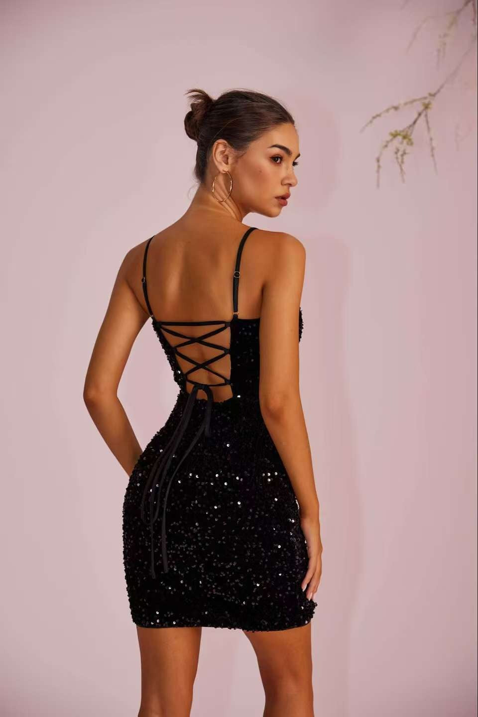 Spaghetti Strap Sequin Paneled Sheer Slit Party Dress