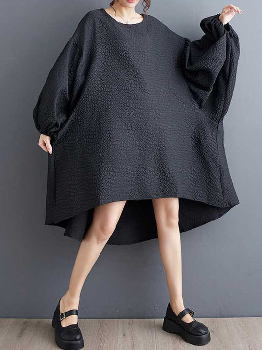 High-Low Long Sleeves Elasticity Solid Color Split-Joint Round-Neck Midi Dresses