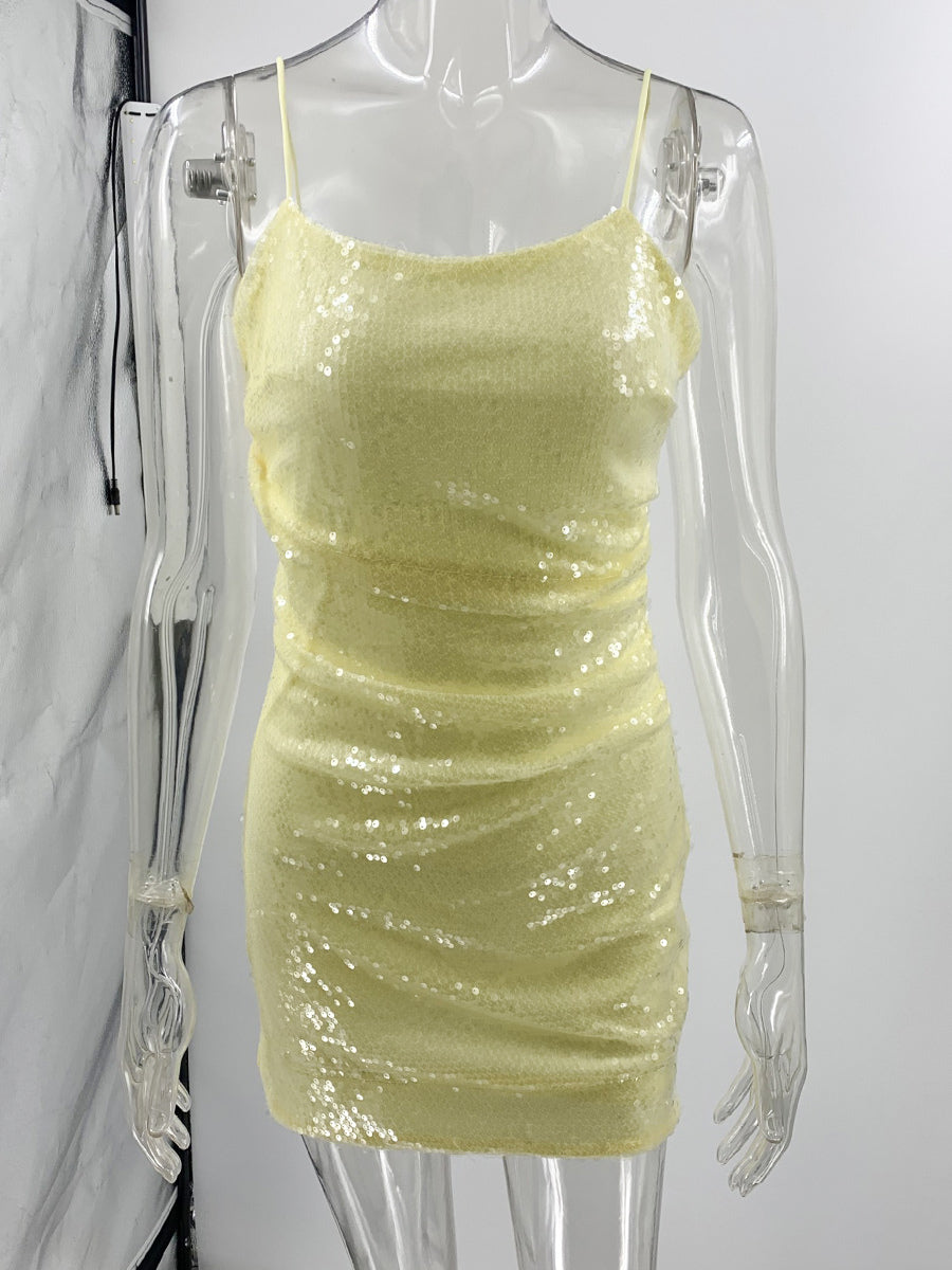 Bodycon Dresses Yellow Sleeveless Sequins Sexy Straps Neck Backless Midi Dress Sheath Dress