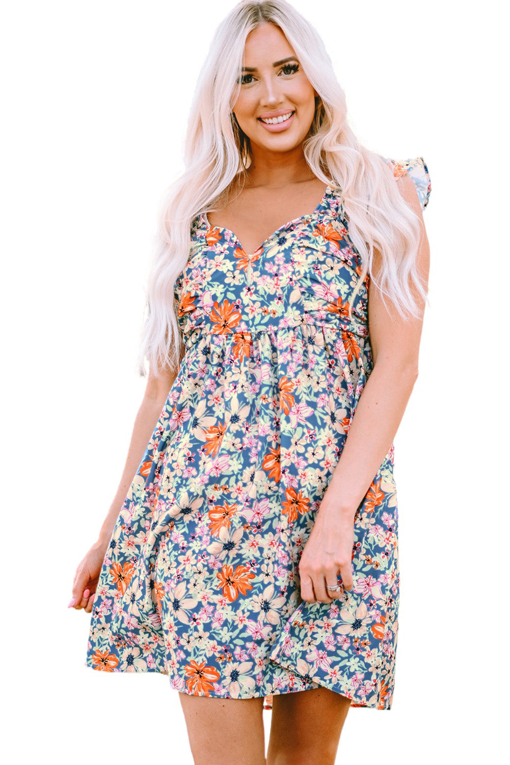 Multicolor Floral Sweetheart Ruffle Sleeveless Mini Dress