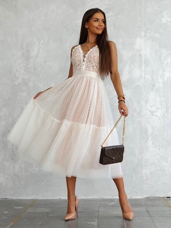 Birthday Lace V-Neck Sleeveless Midi Dresses