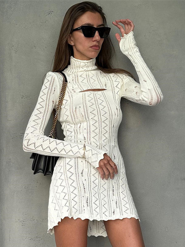 Knitted Dress High Collar Cut Out Long Sleeves Hollow Mini Dresses