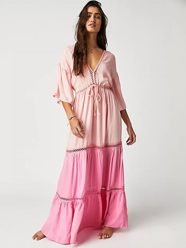 Boho Dress V-Neck Low-cut Back Ruffles Tiered Hollow Maxi Dresses