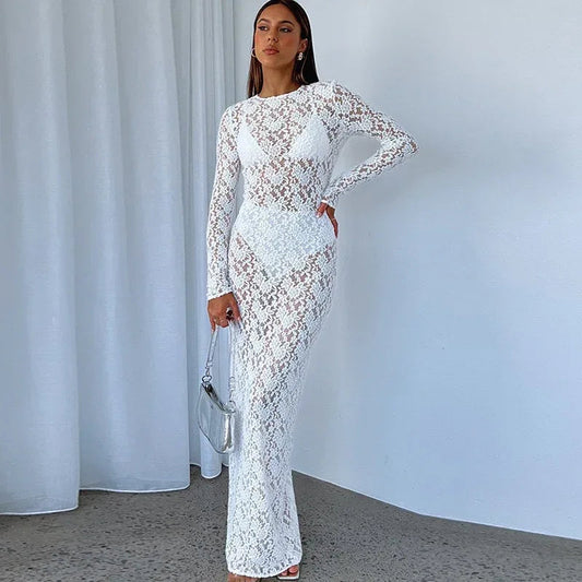 Sheer long sleeve lace maxi dress for women