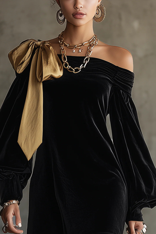 Black Velvet & Gold Satin Off-Shoulder Mini Dress