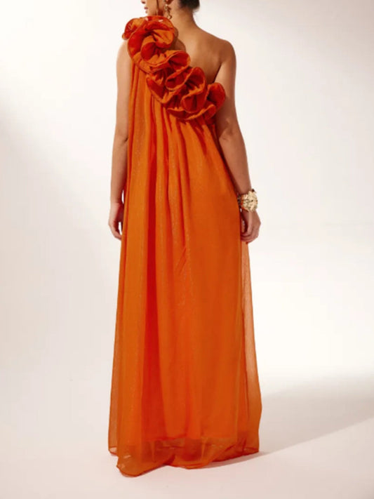 3D Floral Pleats Off-shoulder And Backless Maxi Dresses