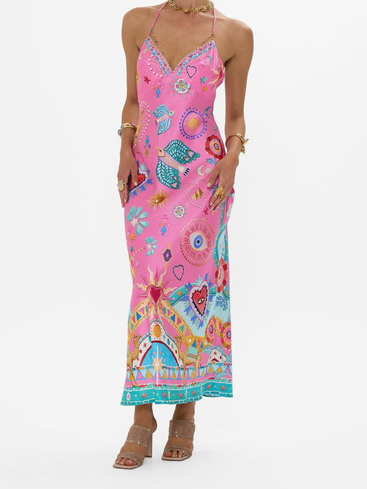 V Neck Beaded Trim Halter Strap Celestial Print Border Hem Maxi Dress
