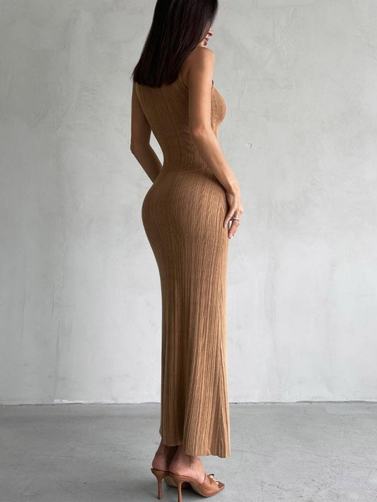 High Neck Sleeveless Bodycon Knitted Midi Dress Elegant French Dress