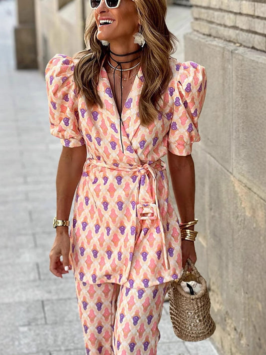 Geometric Pattern Printing Shirt Tie Wide-leg Pants Set 2-piece Sets