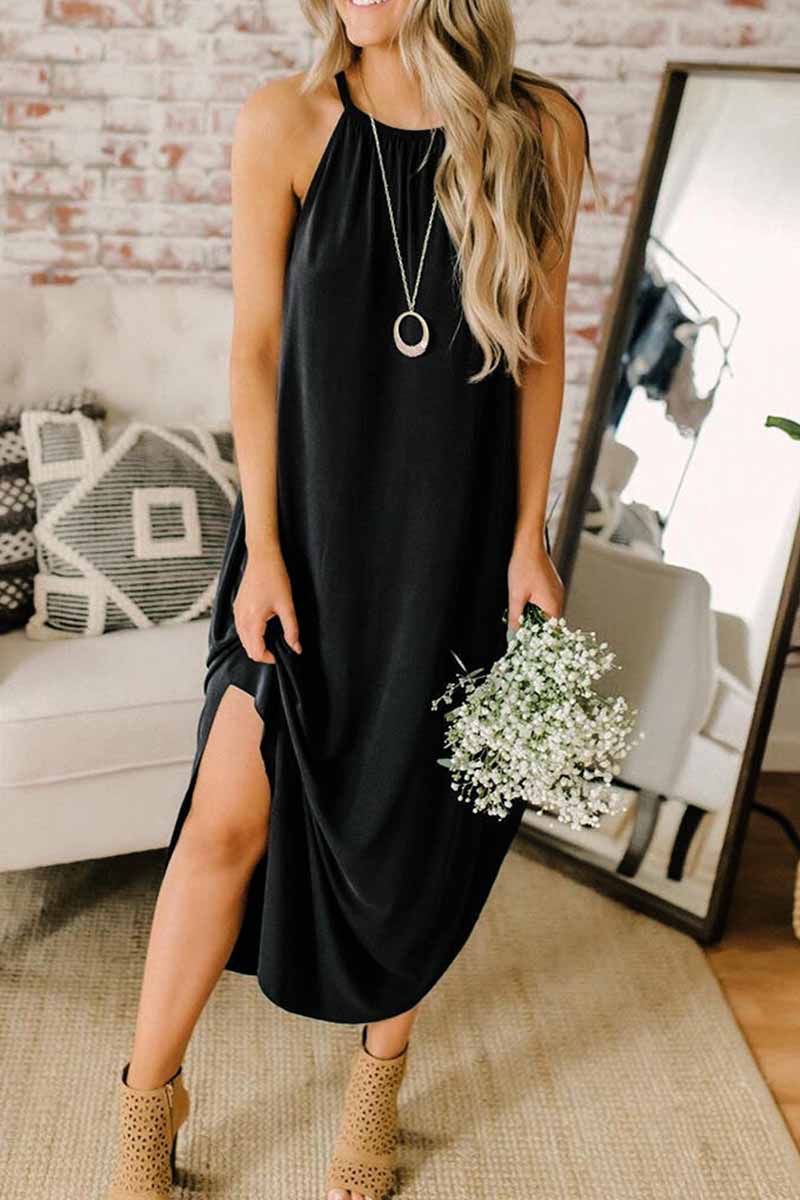 Halter Neck Sleeveless Front Knot High-Low Swing Midi Dress