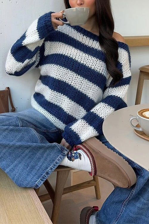 Margovil Drop Shoulder Striped Casual Pullover Sweater