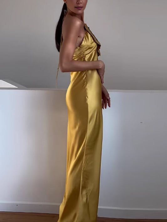 Rhinestone 3D Flower Halter Neck And Backless Satin Maxi Dresses
