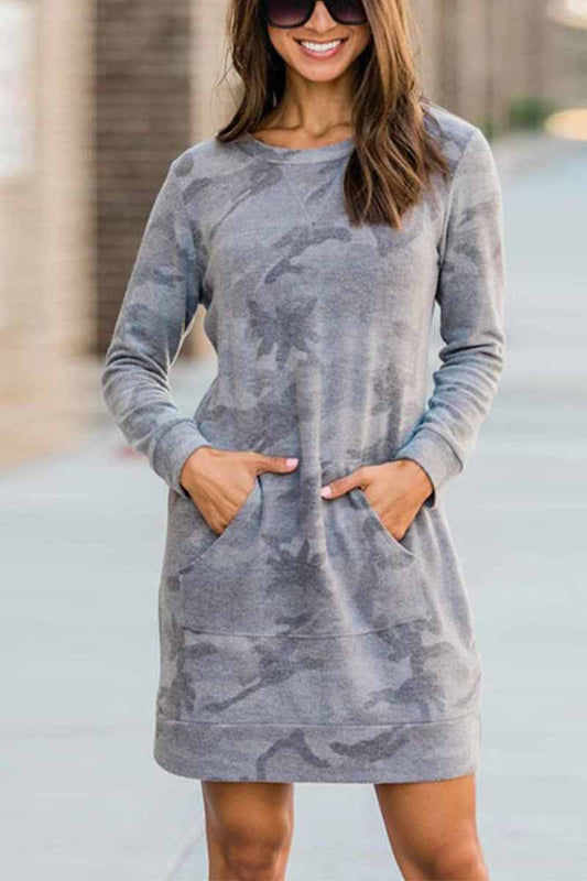 Camouflage Print Kangaroo Pocket Ribbed Cuff Sweatshirt Mini Dress
