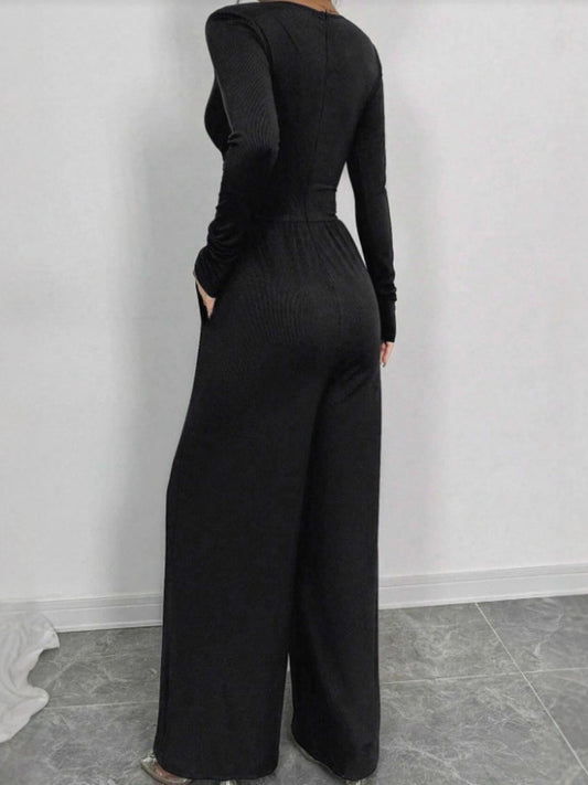 Deep V Solid Color Ribbed Sexy Slim Waist Elegant Jumpsuit