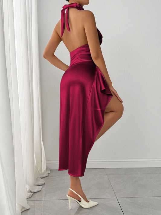 Satin High Fork Crew Neck Halter Backless Pleated Long Dress