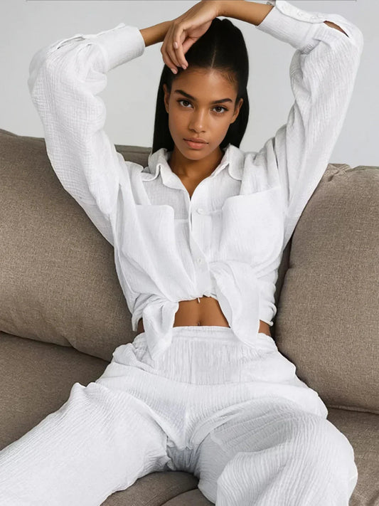 Casual Loose Minimalist Cotton Shirt & Pants Matching Set