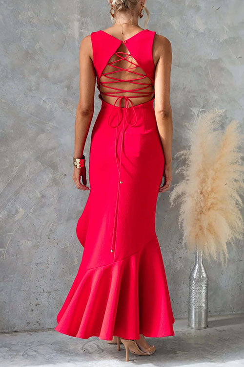 Back Lace-up Sleeveless Ruffle Slit Maxi Dress