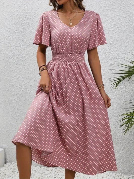 Polka Dots V-neck Waist Shaping Short Sleeves Maxi Dresses