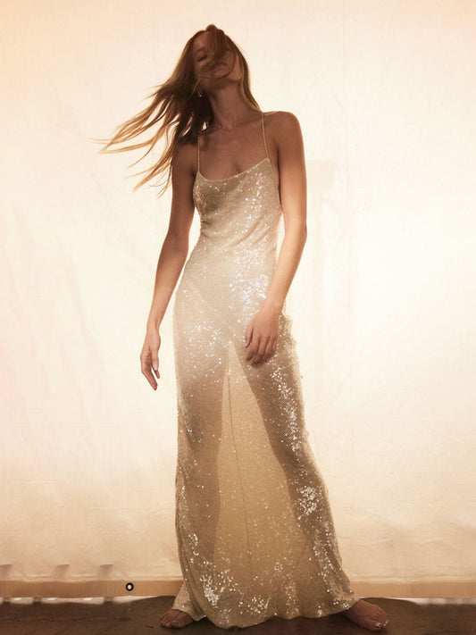 Backless Camisoles Sequins Slim-fit Banquet Maxi Dresses